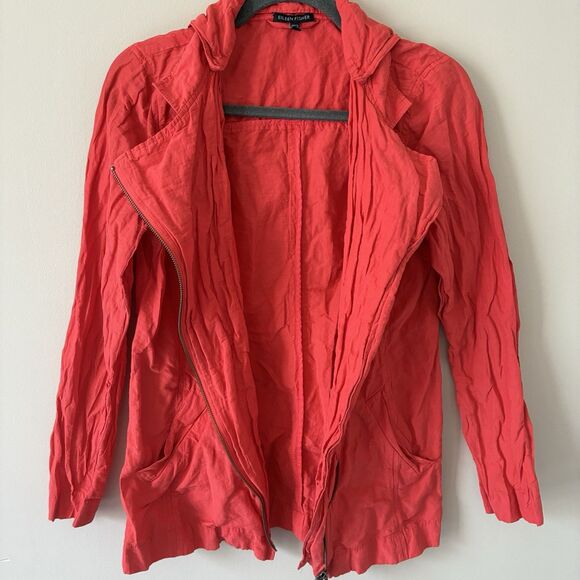 EILEEN FISHER Orange Red Lory Rumpled Cotton Steel Hooded Jacket Small Lagenlook - Picture 3 of 13